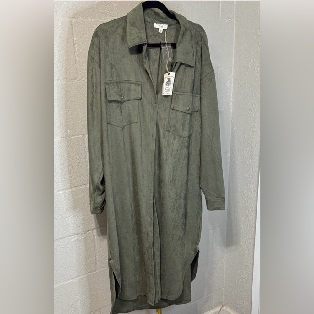 easel Olive Green Long Shirt Trench Coat